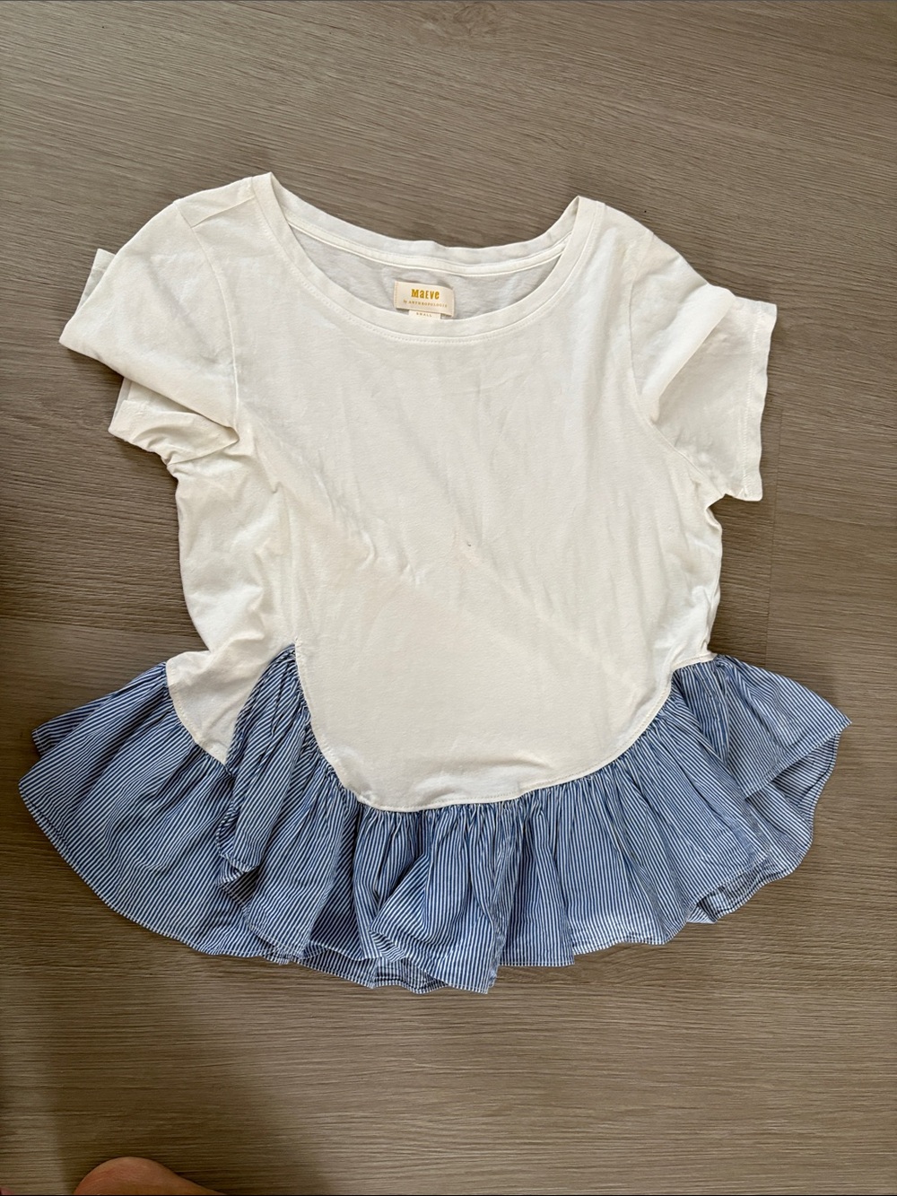 Anthropologie White Tee with Blue Striped Ruffle Hem
